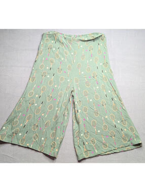 Royal Monk Pants Womens 2XL Green Tennis Racket Print Cropped Wide Leg Zip Crepe